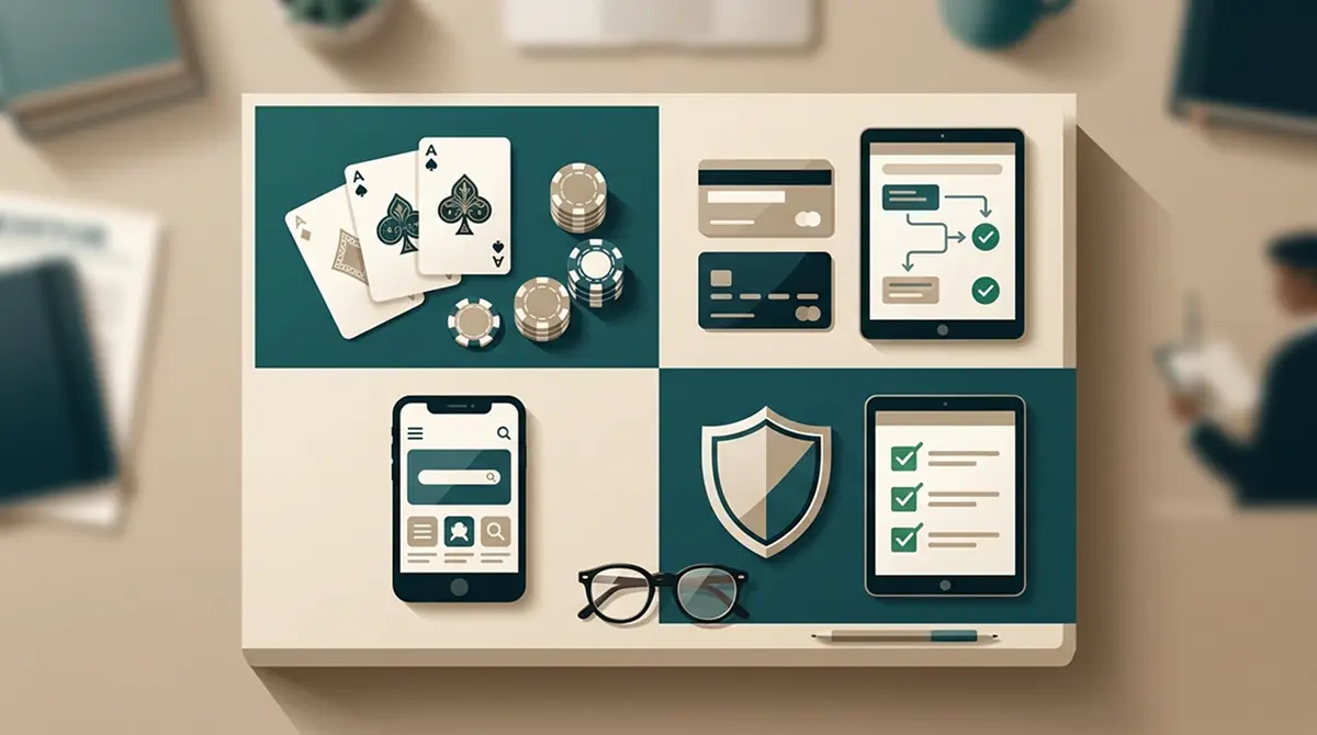 Illustration of a UK casino review with game, payment, mobile and safety checkpoints
