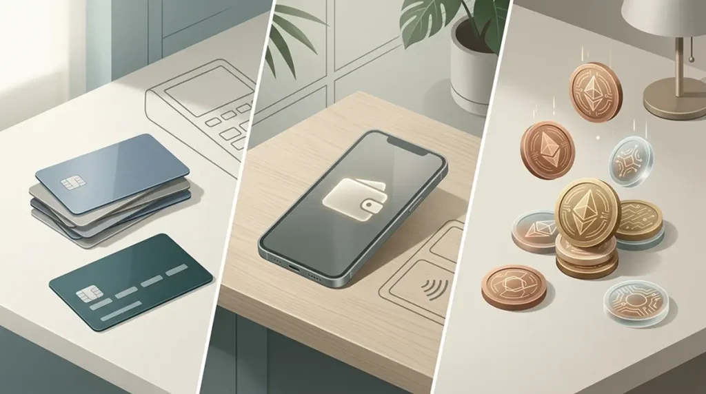 Illustration comparing card, e-wallet and cryptocurrency casino payment categories