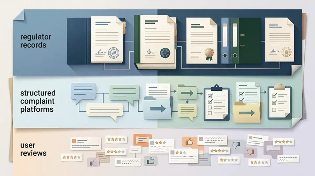Conceptual hierarchy showing regulator records, complaint platforms and user reviews as different evidence levels
