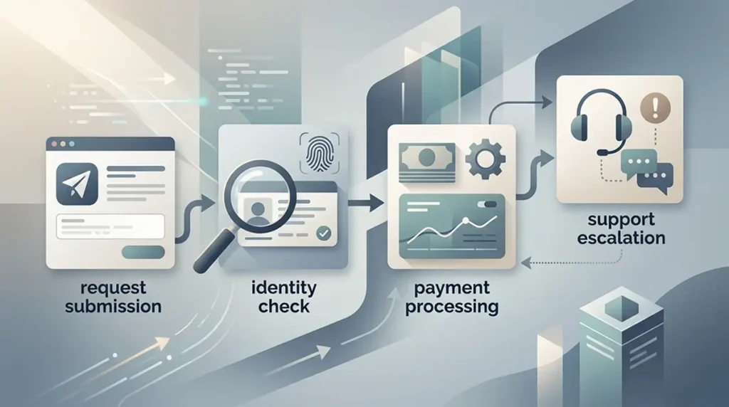 Illustration of a withdrawal request moving through verification, payment processing and escalation stages